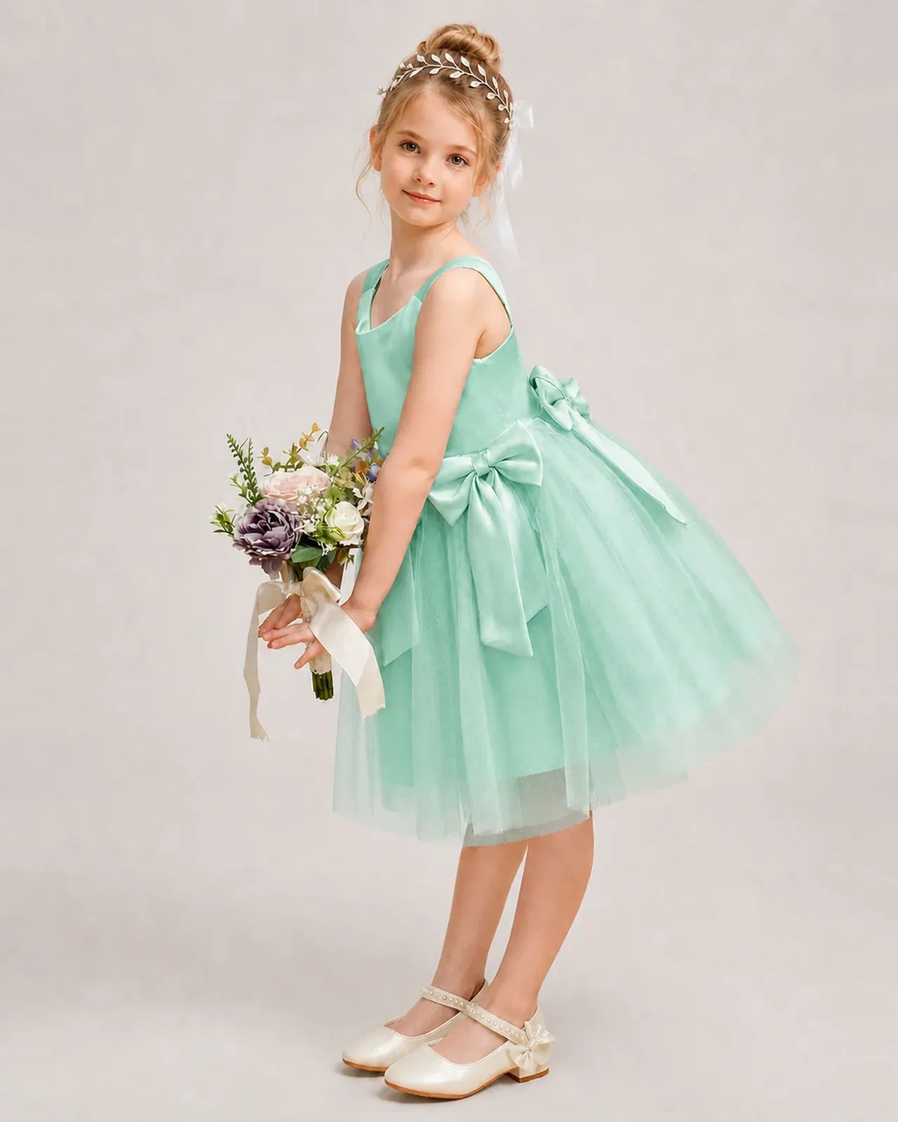 Turquoise Satin Tulle A-line Girls Formal Dress Side View
