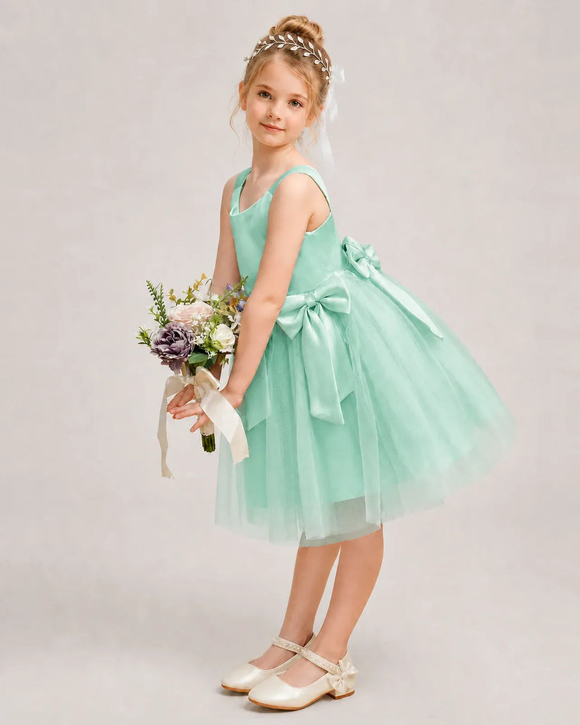 Turquoise Satin Tulle A-line Girls Formal Dress Side View