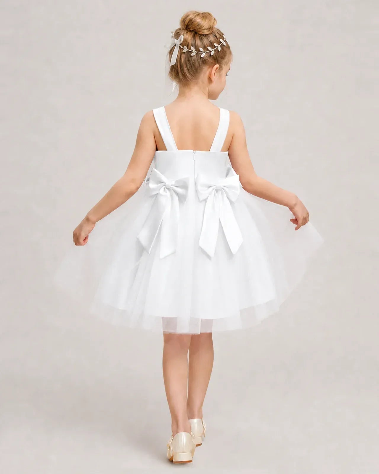White Satin Tulle A-line Girls Formal Dress Back View