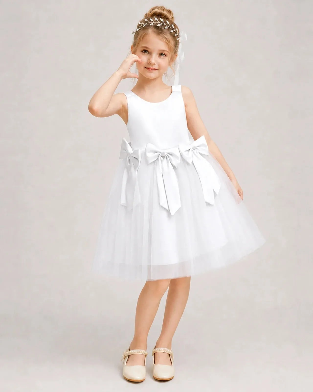 White Satin Tulle A-line Girls Formal Dress Front View