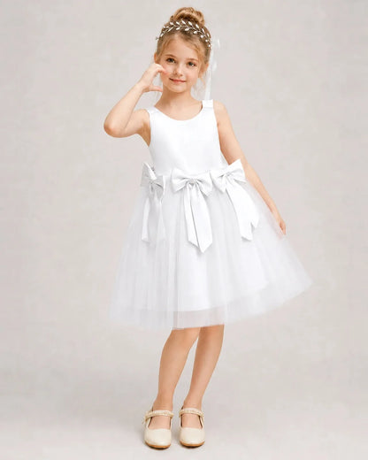 White Satin Tulle A-line Girls Formal Dress Front View