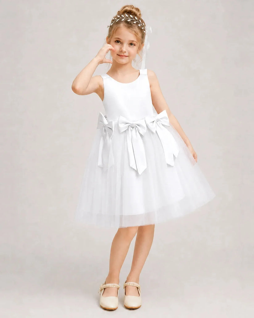 White Satin Tulle A-line Girls Formal Dress Front View