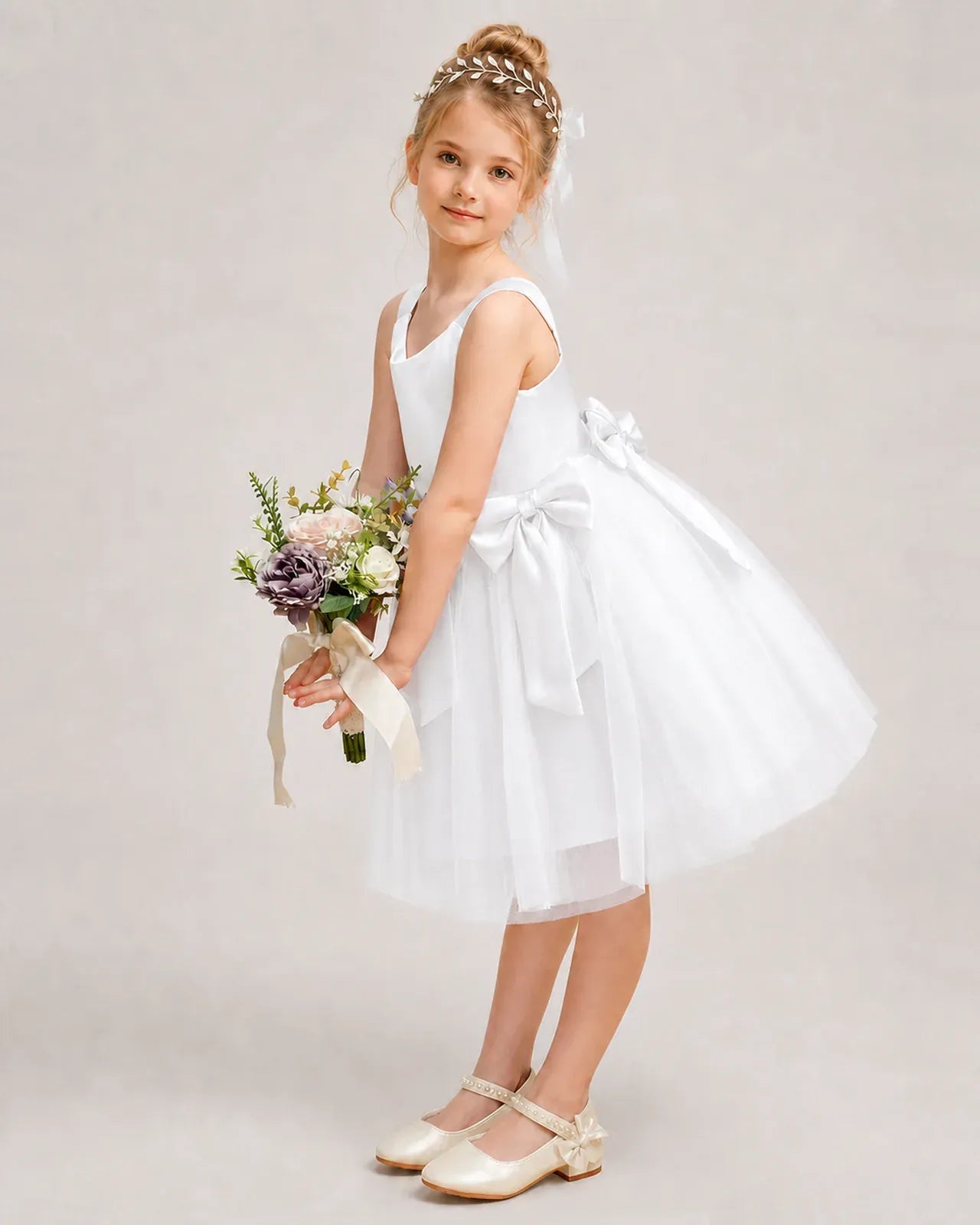 White Satin Tulle A-line Girls Formal Dress Side View