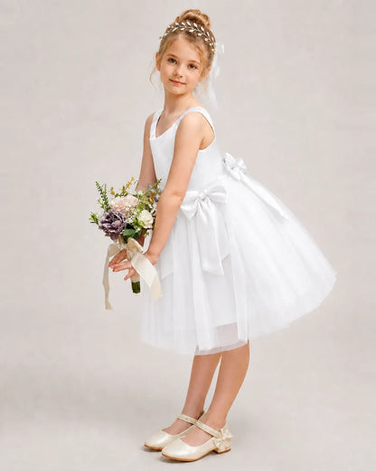 White Satin Tulle A-line Girls Formal Dress Side View