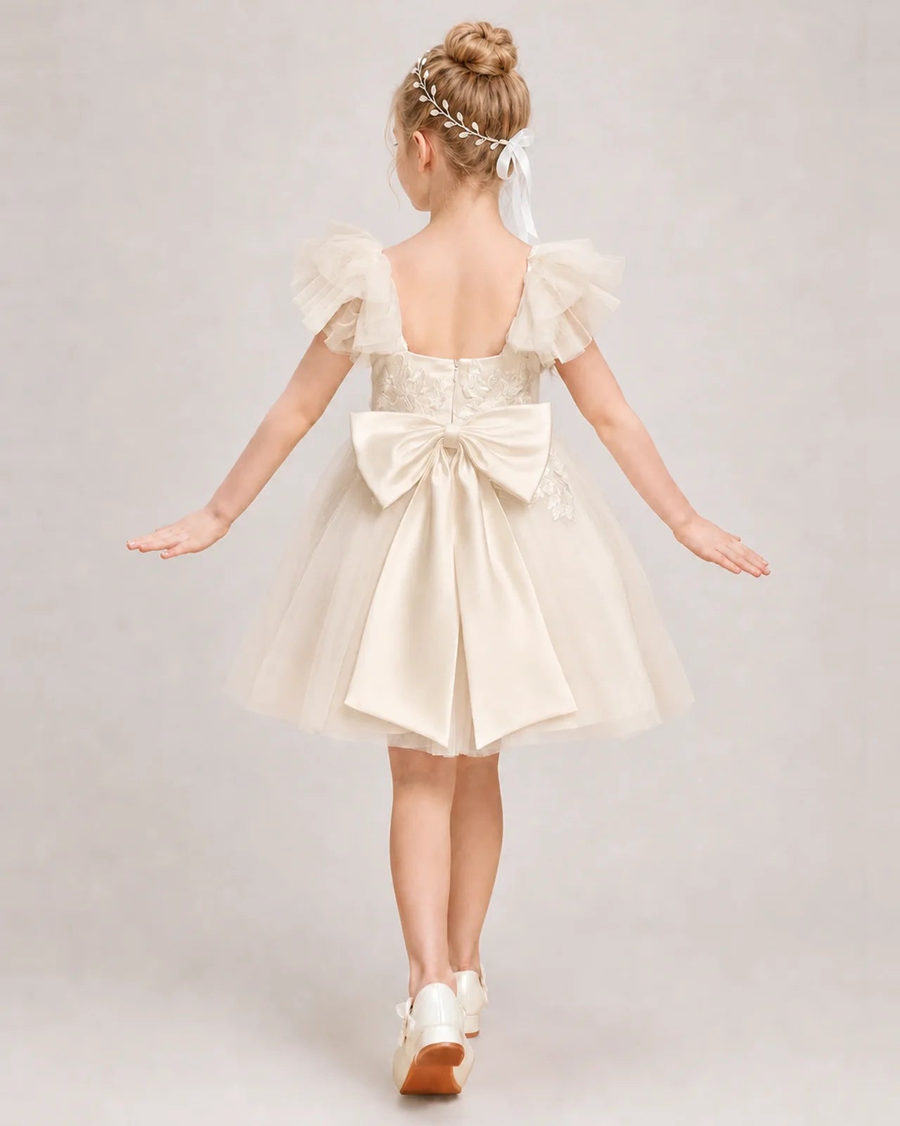 Champagne Flower Girl Dress Ruffle Sleeve Bow Back Tulle Knee-Length Dress Back View