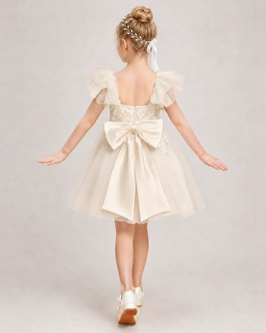 Champagne Tulle A-line Flower Girl Dress Back View