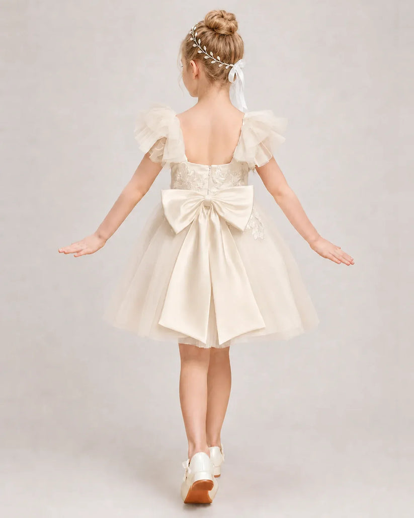Champagne Tulle A-line Flower Girl Dress Back View