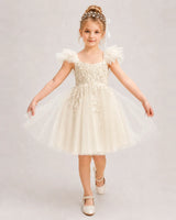 Champagne Tulle A-line Flower Girl Dress Front View
