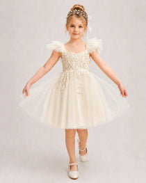 Champagne Flower Girl Dress Ruffle Sleeve Bow Back Tulle Knee-Length Dress Front View