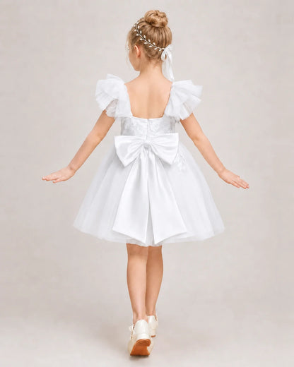 White Flower Girl Dress Ruffle Sleeve Bow Back Tulle Knee-Length Dress Back View