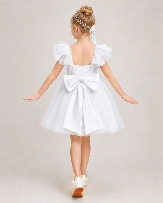 White Tulle A-line Flower Girl Dress Back View