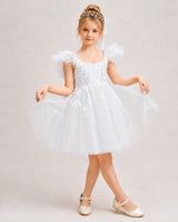 White Tulle A-line Flower Girl Dress Front View