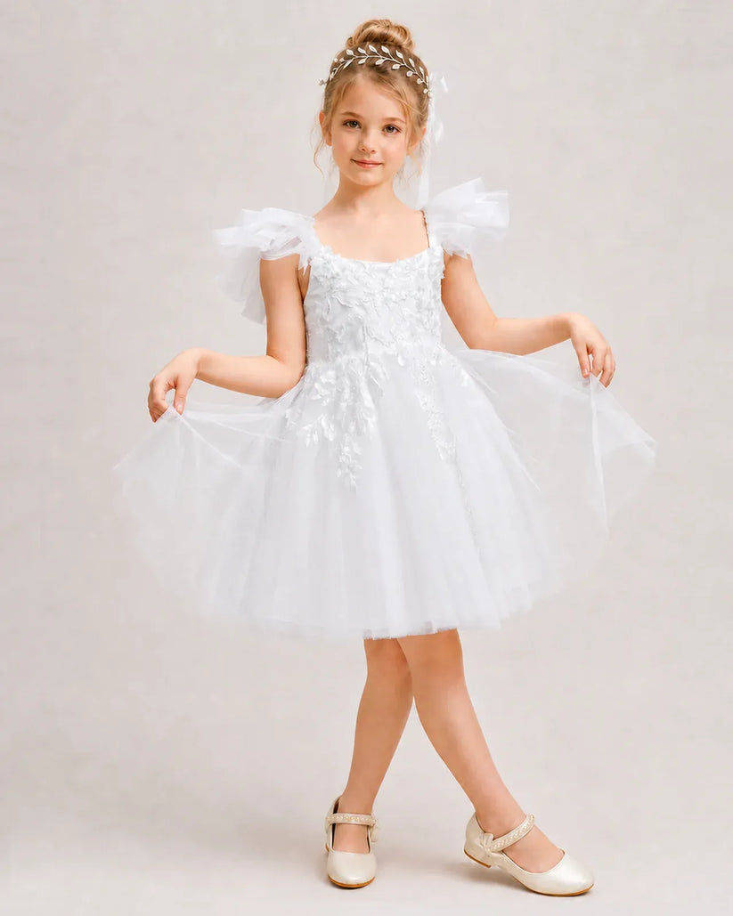 White Tulle A-line Flower Girl Dress Front View
