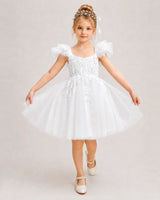 White Tulle A-line Flower Girl Dress Front View