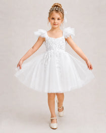 White Flower Girl Dress Ruffle Sleeve Bow Back Tulle Knee-Length Dress Front View