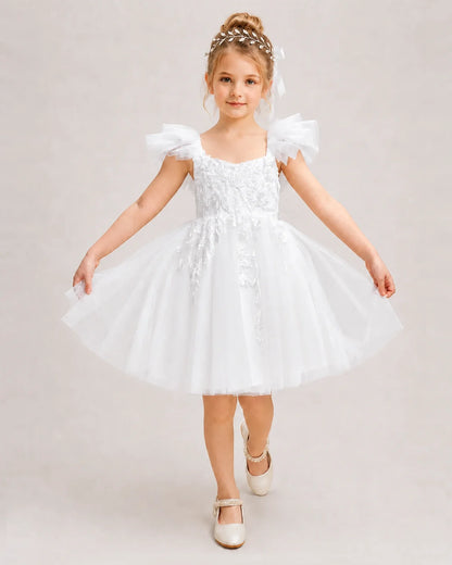 White Flower Girl Dress Ruffle Sleeve Bow Back Tulle Knee-Length Dress Front View
