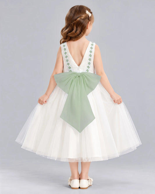 Sage Green A-line Flower Girl Dresses Back