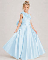 Baby Blue Satin A-line Girls Formal Dress Front View