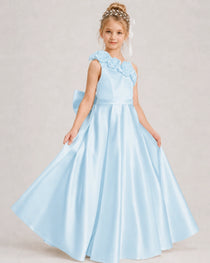 Baby Blue Flower Girl Dress One-Shoulder 3D Rose Bow Satin Floor-Length Gown Front View