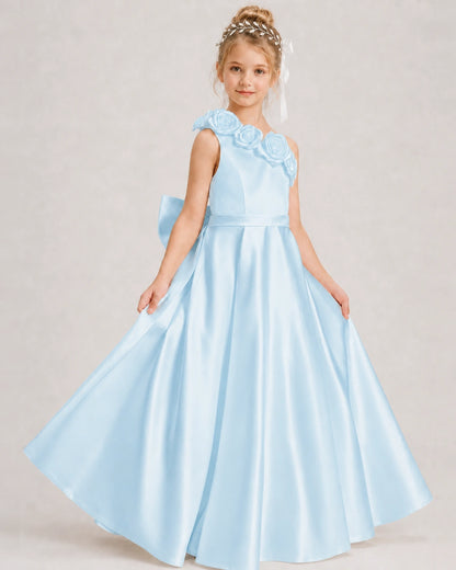 Baby Blue Flower Girl Dress One-Shoulder 3D Rose Bow Satin Floor-Length Gown Front View