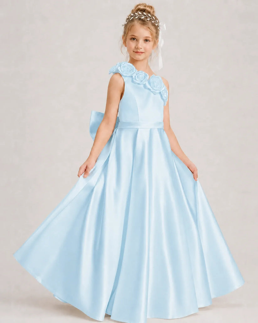 Baby Blue Satin A-line Girls Formal Dress Front View