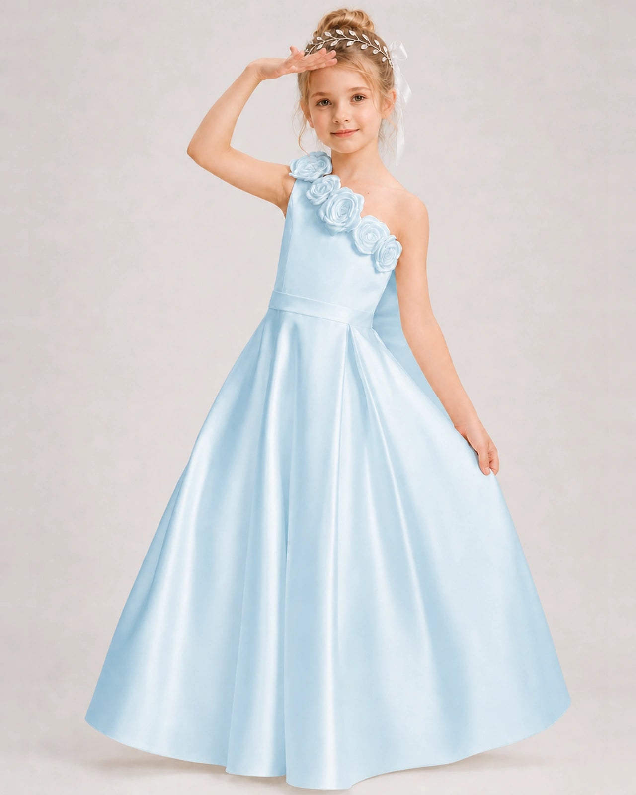 Baby Blue Flower Girl Dress One-Shoulder 3D Rose Bow Satin Floor-Length Gown Front View