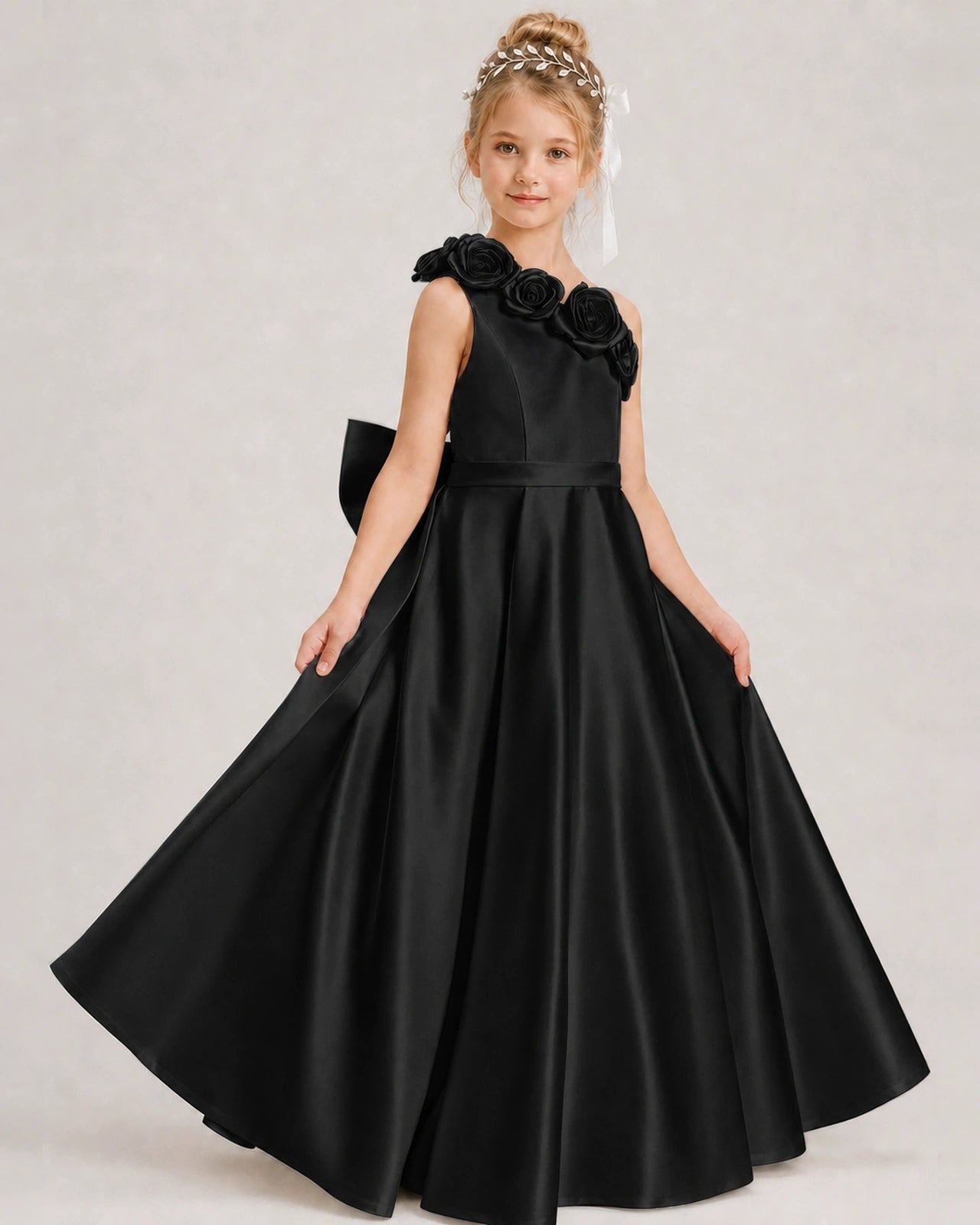 Black Flower Girl Dress One-Shoulder 3D Rose Bow Satin Floor-Length Gown Front View