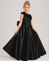 Black Satin A-line Girls Formal Dress Front View