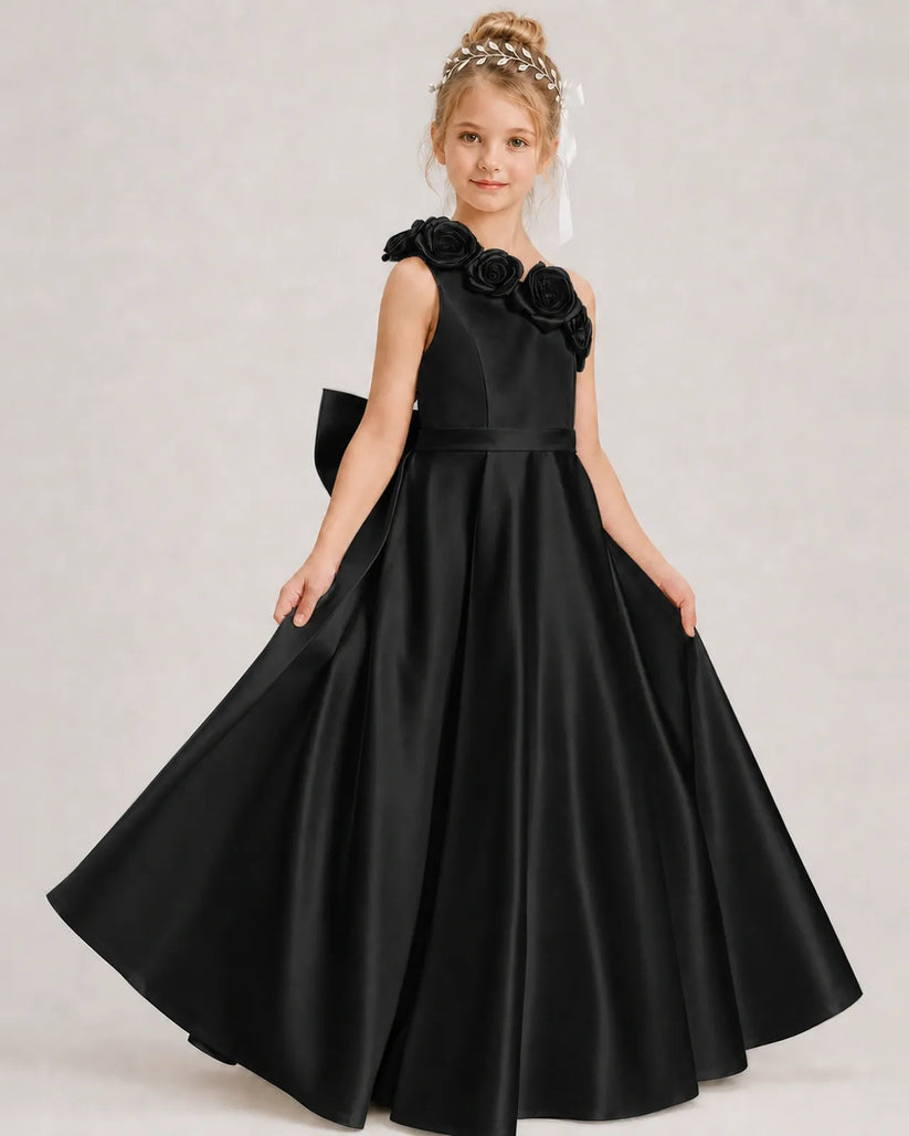 Black Satin A-line Girls Formal Dress Front View