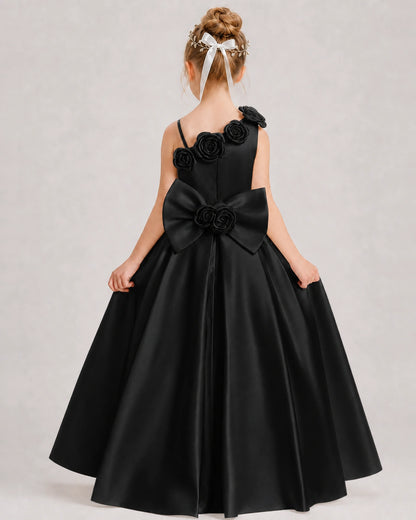 Black Flower Girl Dress One-Shoulder 3D Rose Bow Satin Floor-Length Gown Back View