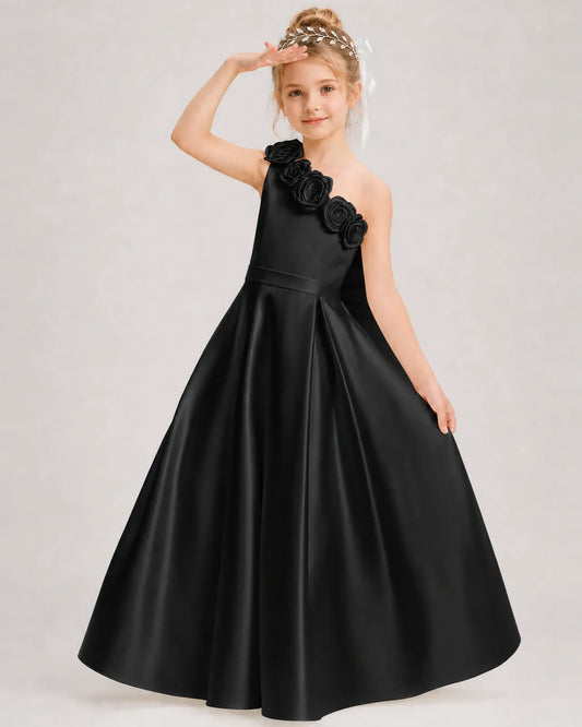 Black Satin A-line Girls Formal Dress Front View