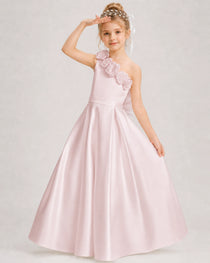 Blush Pink Flower Girl Dress One-Shoulder 3D Rose Bow Satin Floor-Length Gown Front View