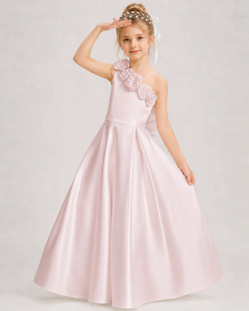 Blush Pink Satin A-line Girls Formal Dress Front View
