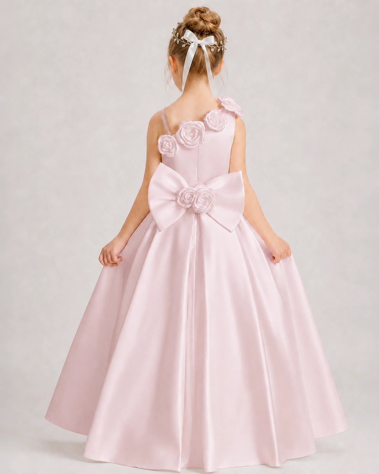 Blush Pink Flower Girl Dress One-Shoulder 3D Rose Bow Satin Floor-Length Gown Back View