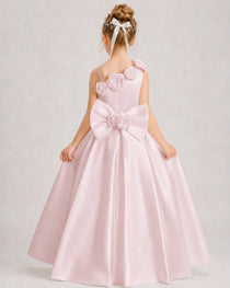 Blush Pink Flower Girl Dress One-Shoulder 3D Rose Bow Satin Floor-Length Gown Back View