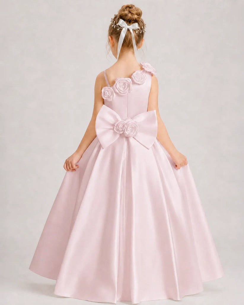 Blush Pink Satin A-line Girls Formal Dress Back View