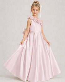 Blush Pink Flower Girl Dress One-Shoulder 3D Rose Bow Satin Floor-Length Gown Front View