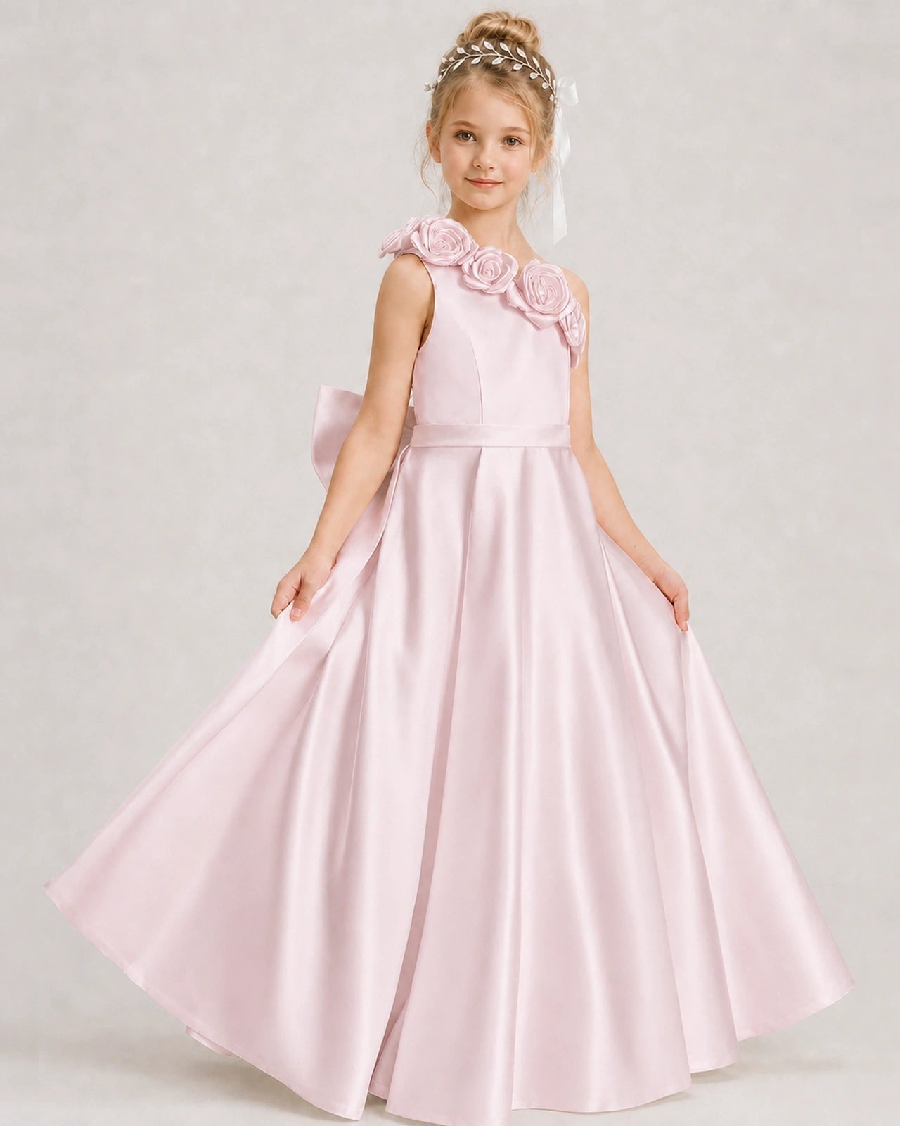 Blush Pink Flower Girl Dress One-Shoulder 3D Rose Bow Satin Floor-Length Gown Front View
