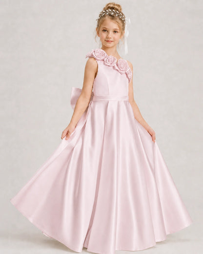 Blush Pink Flower Girl Dress One-Shoulder 3D Rose Bow Satin Floor-Length Gown Front View