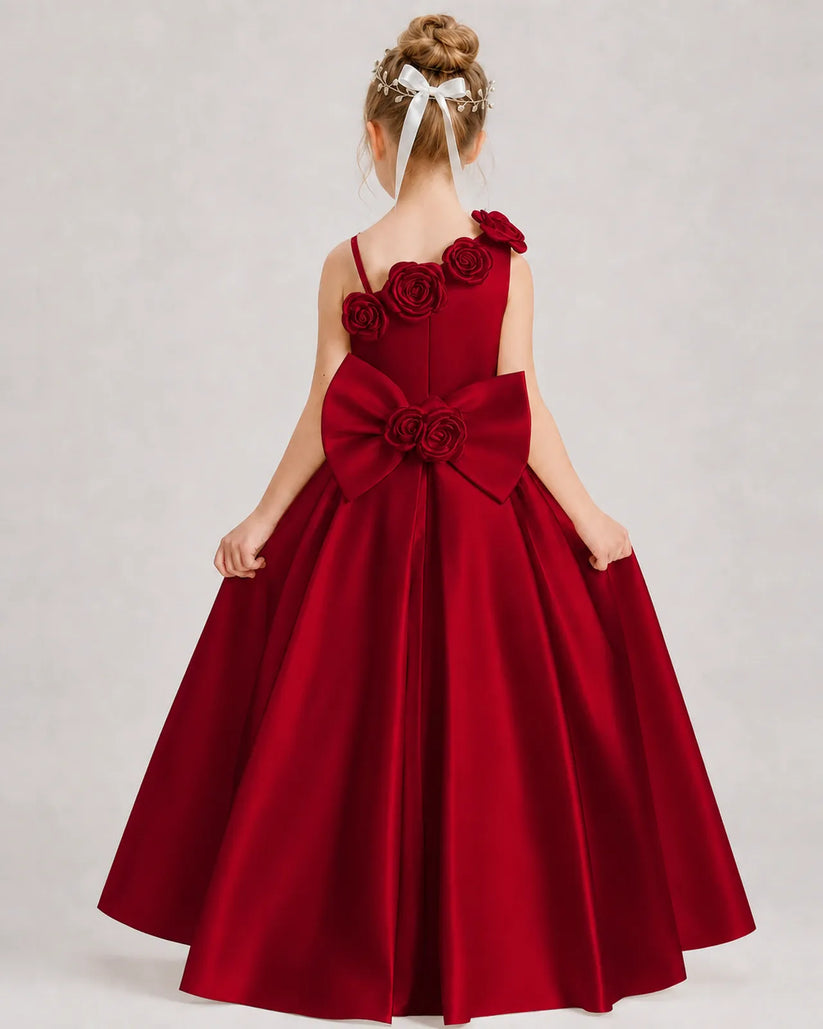 Burgundy Satin A-line Girls Formal Dress Back View