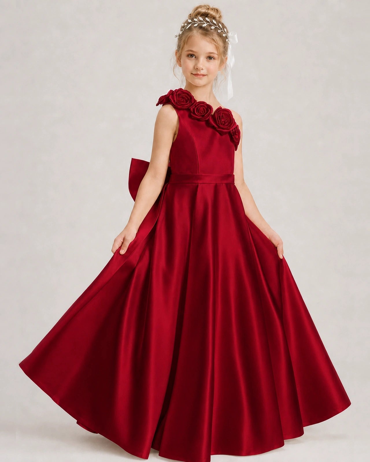 Burgundy Flower Girl Dress One-Shoulder 3D Rose Bow Satin Floor-Length Gown Front View