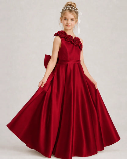 Burgundy Flower Girl Dress One-Shoulder 3D Rose Bow Satin Floor-Length Gown Front View