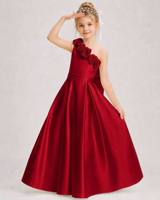 Burgundy Satin A-line Girls Formal Dress Front View