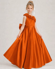 Burnt Orange Flower Girl Dress One-Shoulder 3D Rose Bow Satin Floor-Length Gown Front View