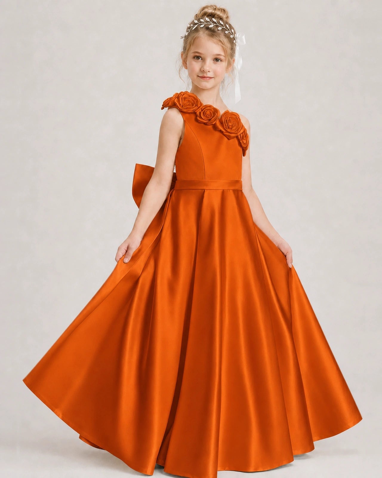 Burnt Orange Flower Girl Dress One-Shoulder 3D Rose Bow Satin Floor-Length Gown Front View