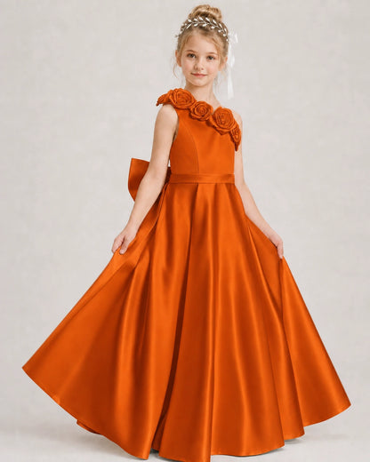 Burnt Orange Flower Girl Dress One-Shoulder 3D Rose Bow Satin Floor-Length Gown Front View