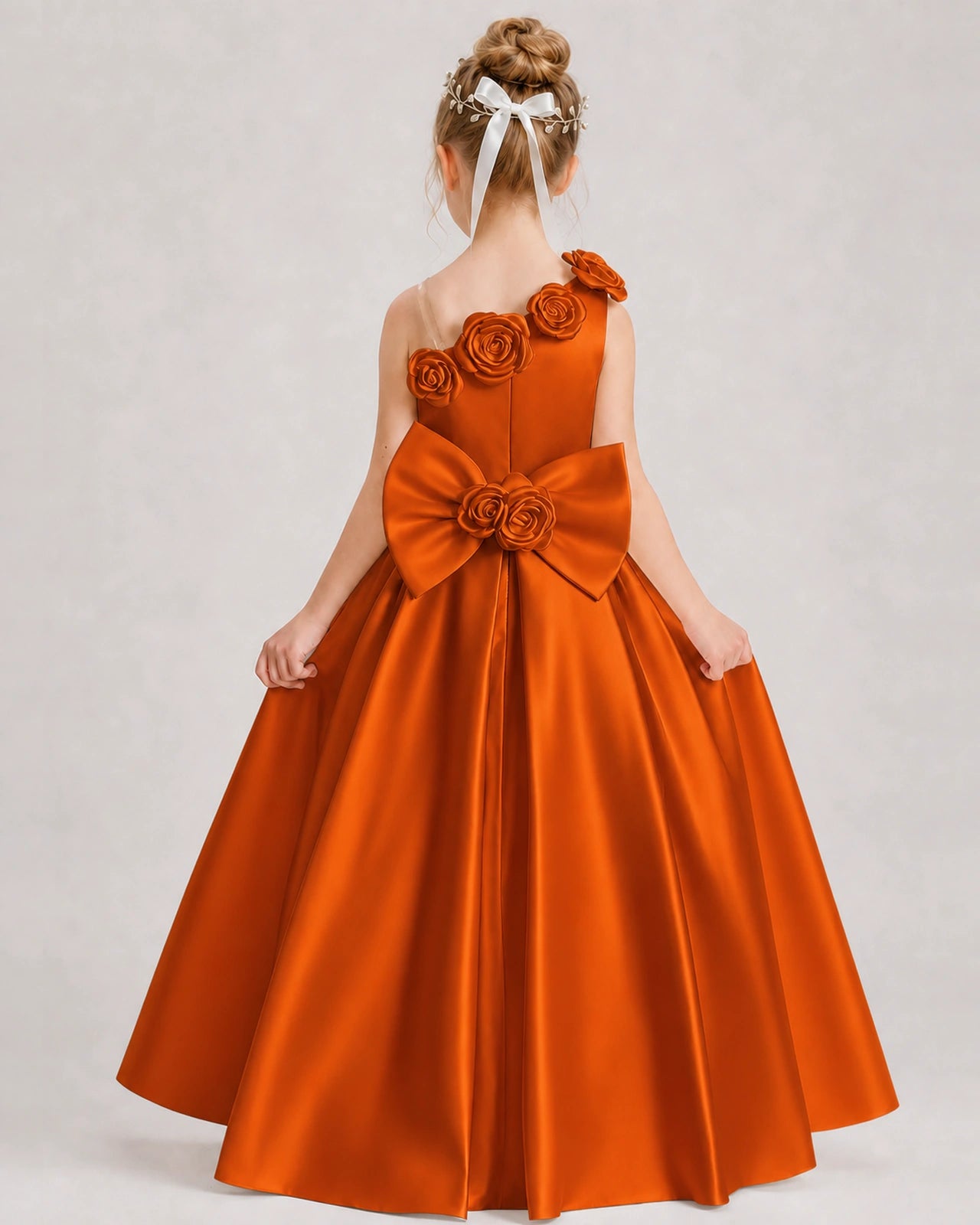 Burnt Orange Flower Girl Dress One-Shoulder 3D Rose Bow Satin Floor-Length Gown Back View
