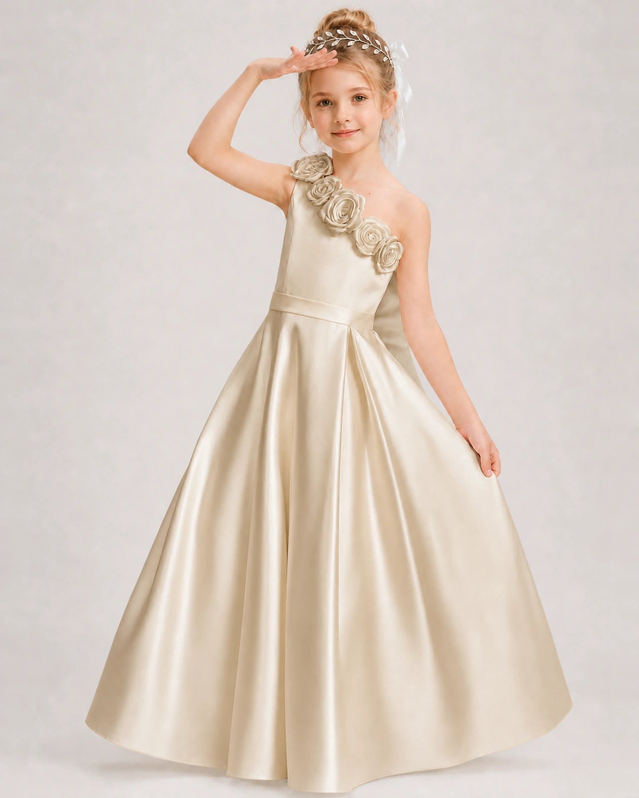 Champagne Flower Girl Dress One-Shoulder 3D Rose Bow Satin Floor-Length Gown Front View