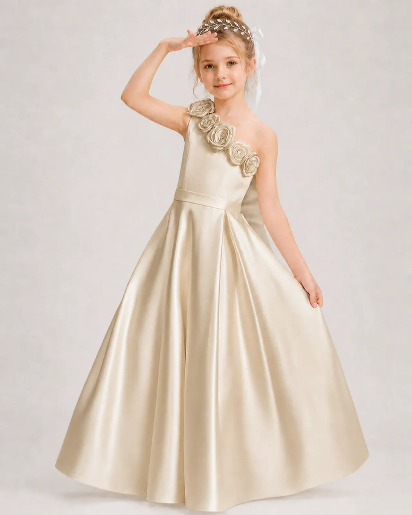 Champagne Satin A-line Girls Formal Dress Front View