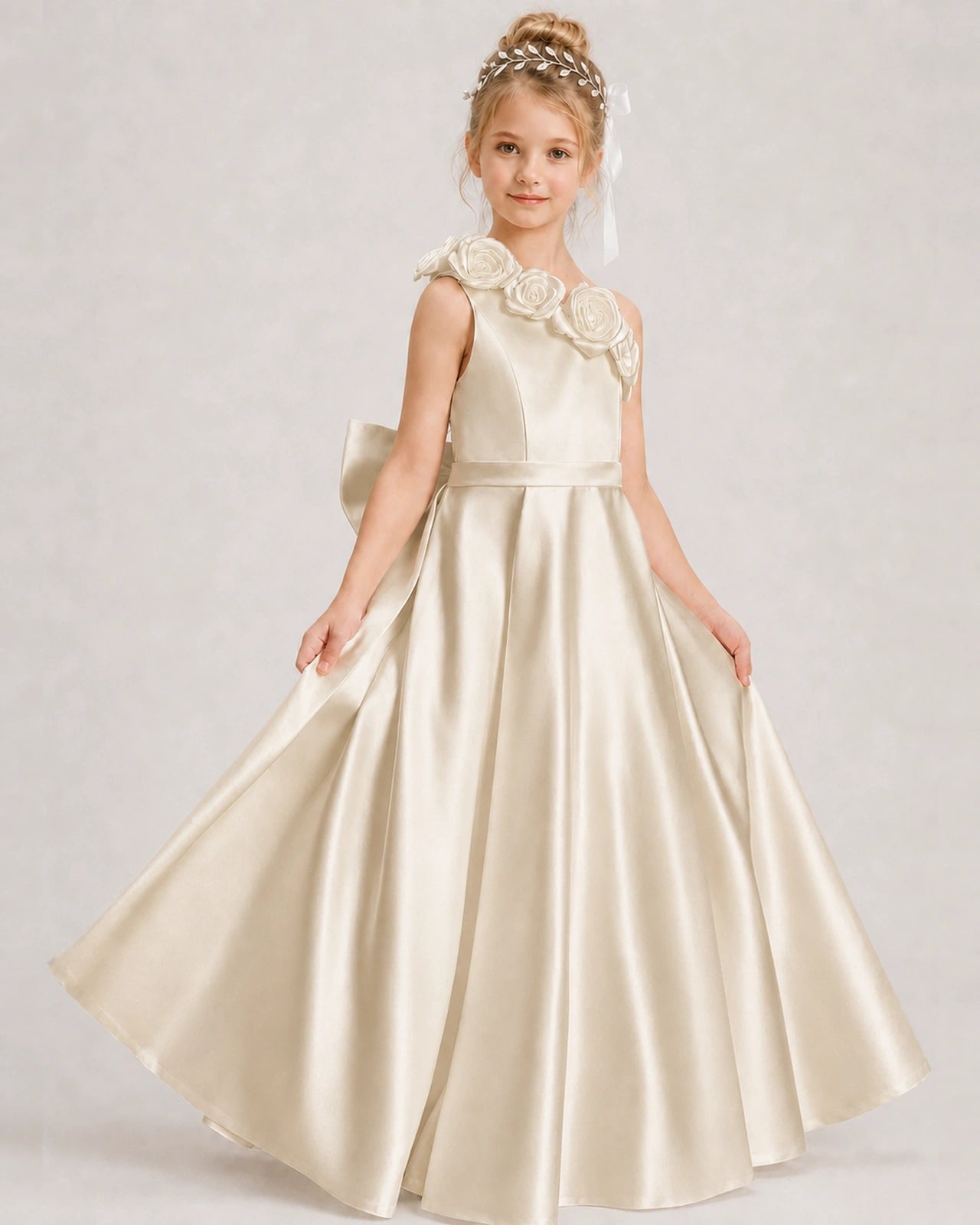 Champagne Flower Girl Dress One-Shoulder 3D Rose Bow Satin Floor-Length Gown Front View